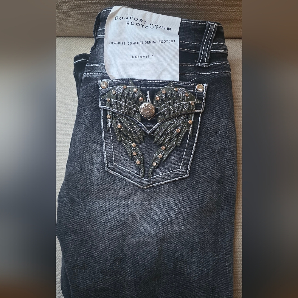 Juniors Comfort Bootcut Light Black Denim Jeans with Embellished Pockets